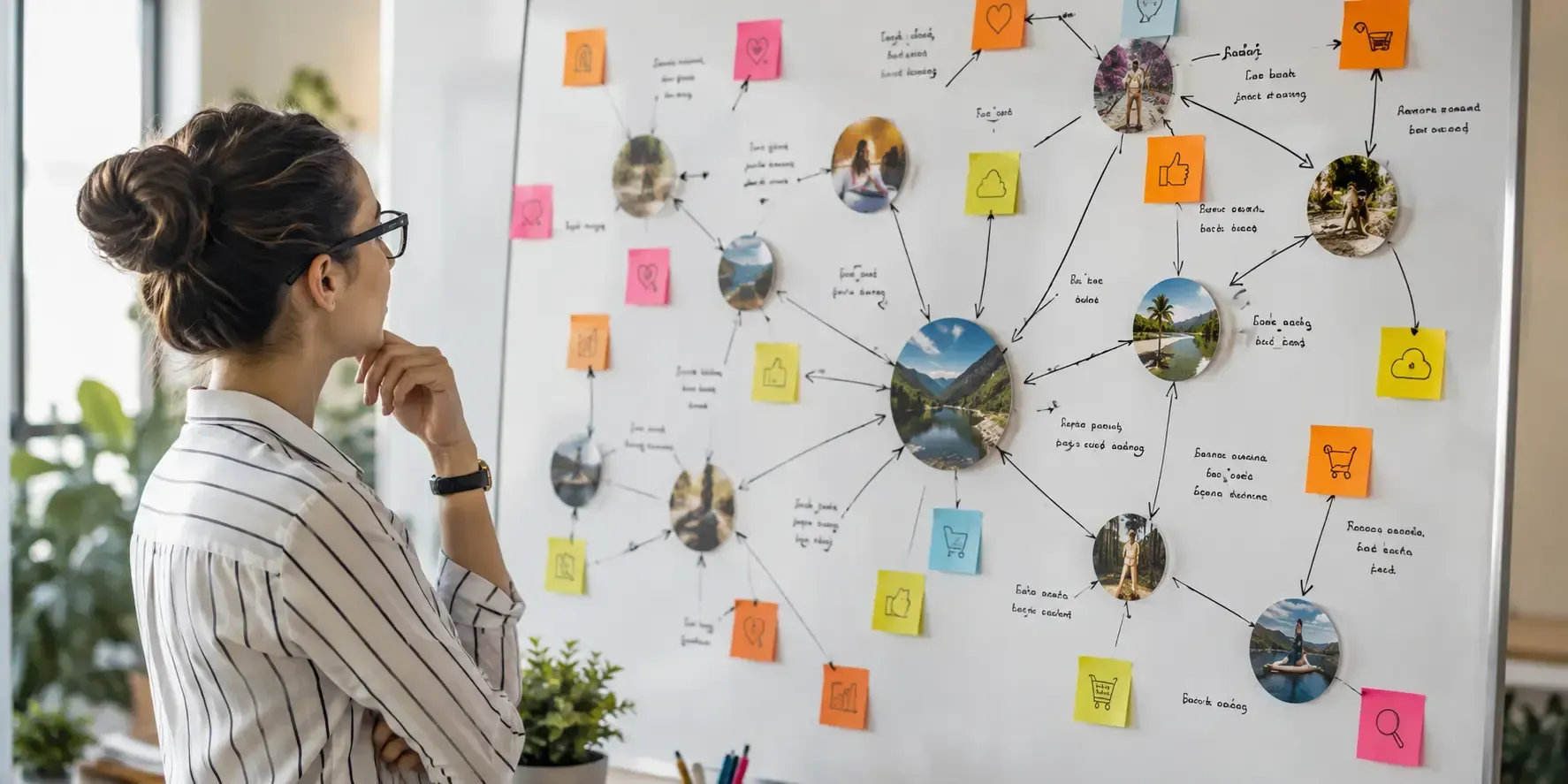 Marketing professional analyzing a connected web of content hubs on a whiteboard in a modern office.