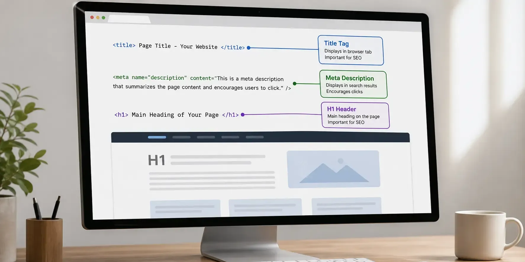 Web page structure showing SEO elements including a title tag, meta description, and H1 header on a desktop monitor.