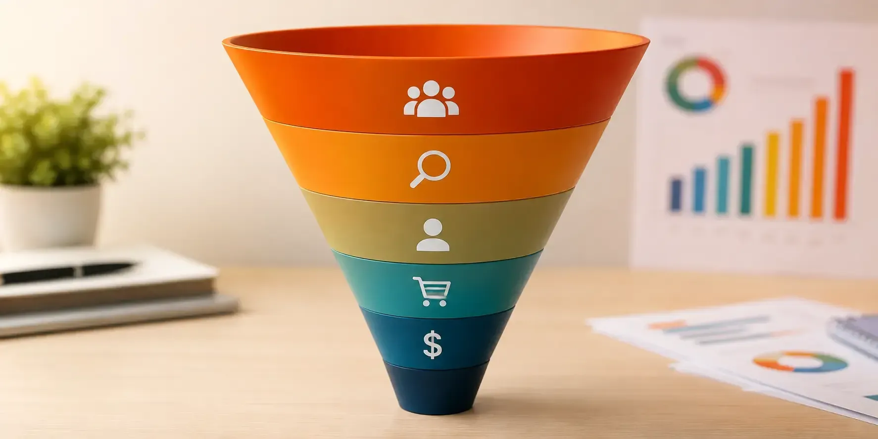A funnel diagram showing broad search terms narrowing into focused long-tail term.