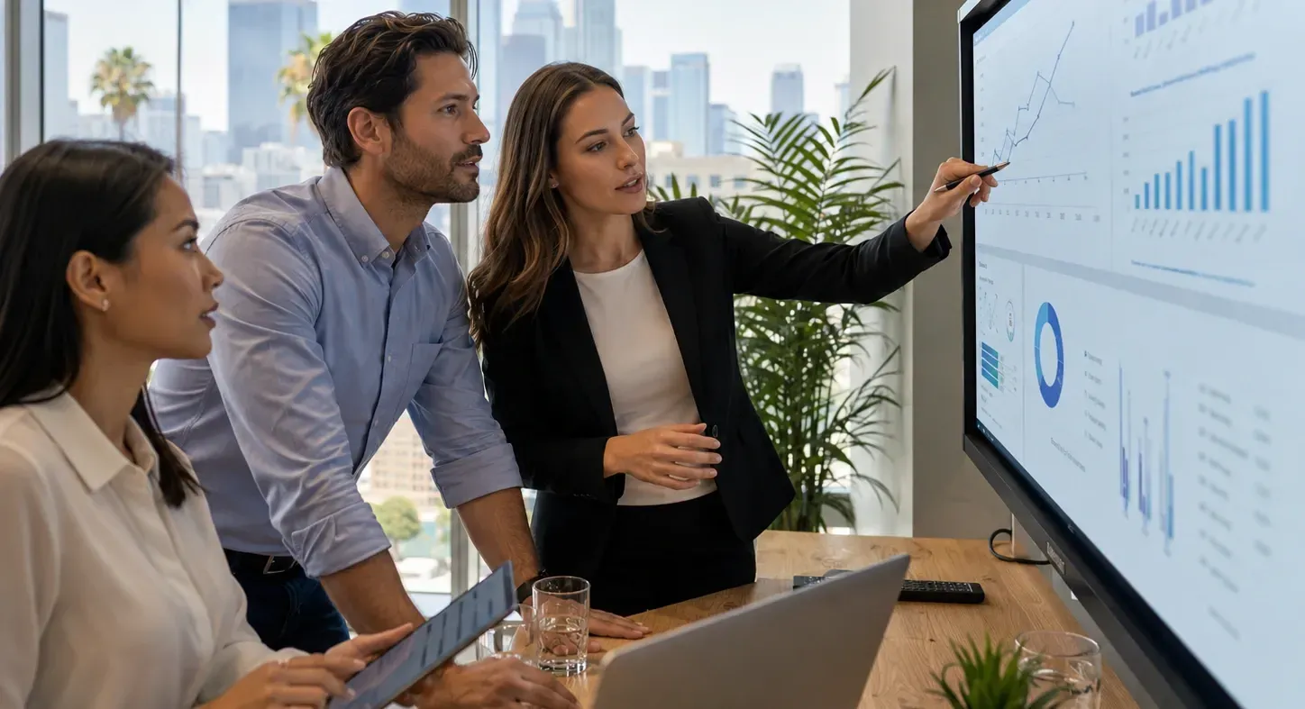 Professional marketing team analyzing digital marketing metrics on a large monitor to improve national lead acquisition strategies in a modern office.