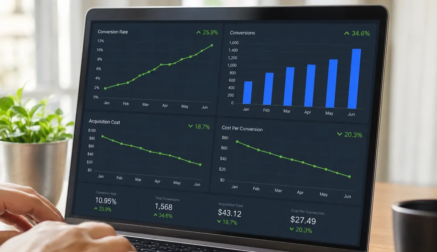 Professional analytics dashboard displaying improving national lead acquisition performance with rising conversion rates, lower customer acquisition costs, and business growth metrics on a laptop screen in a modern office setting.