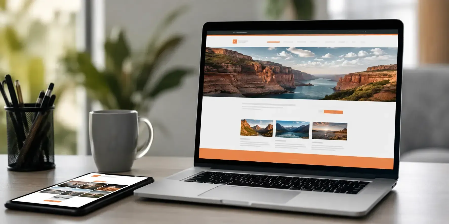 Professional web designer analyzing a clean, well structured website layout on a laptop with a tablet, coffee mug, and office workspace in natural light.