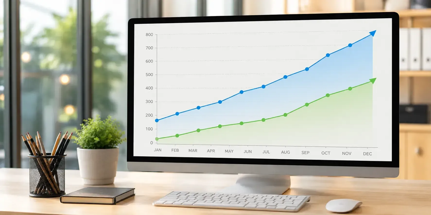 Website analysis dashboard displayed on a modern desktop monitor showing upward traffic and lead growth trends in a clean professional office workspace.