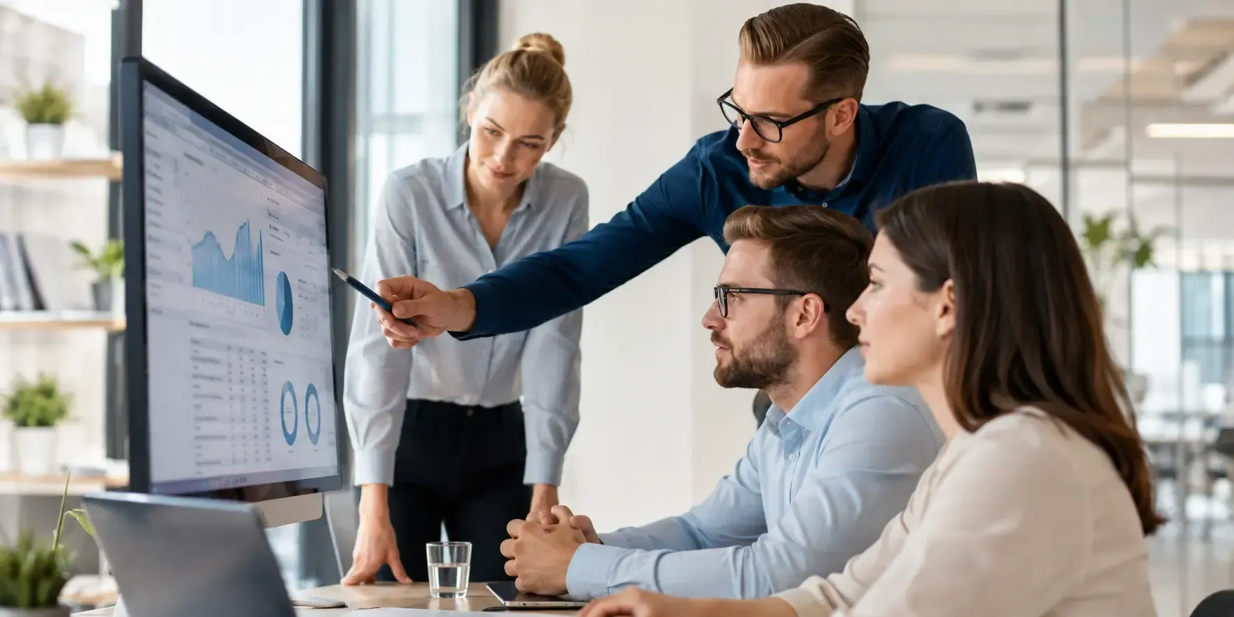 Professional team reviewing website analytics on a large monitor in a bright modern office, collaborating on digital marketing performance and data insights.