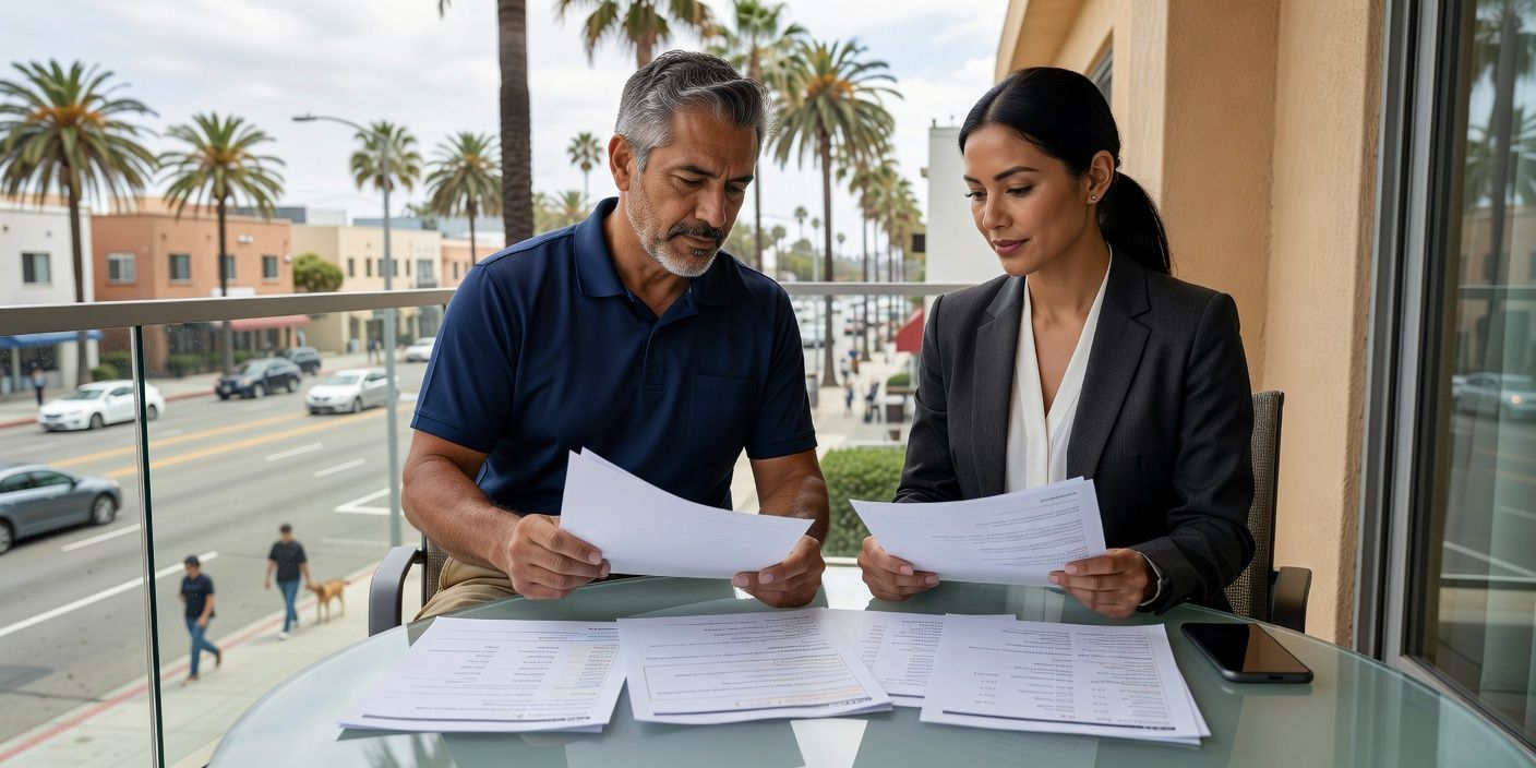Two people reviewing papers at a table by a large window with palm trees and street traffic outside