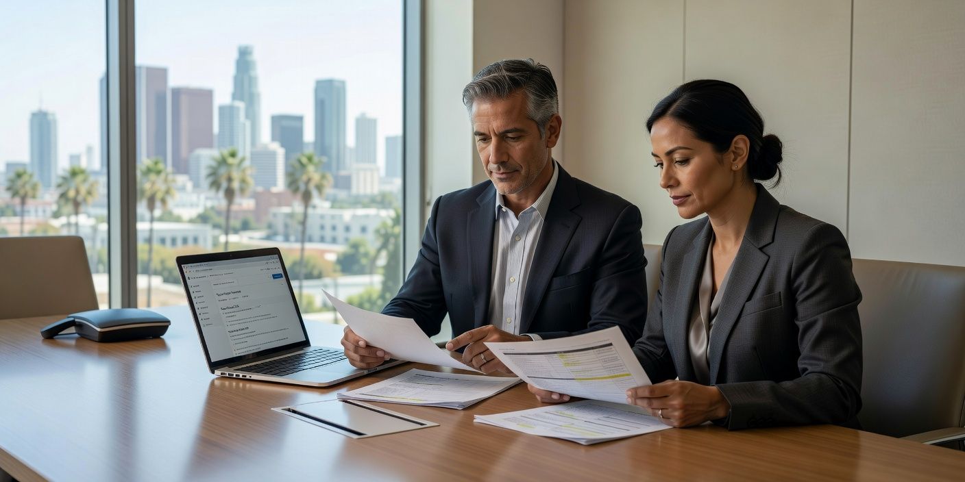 Two colleagues review paperwork at a conference table with a laptop and city view behind them