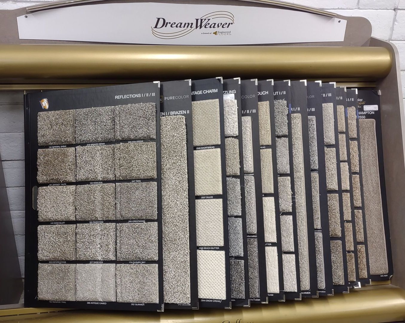 A display of dream weaver carpet samples