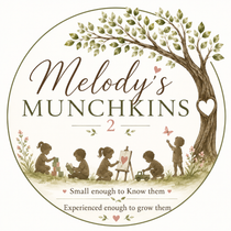Melody’s Munchkins logo with tree, children silhouettes, and the motto “Small enough to know them, experienced enough to grow them”