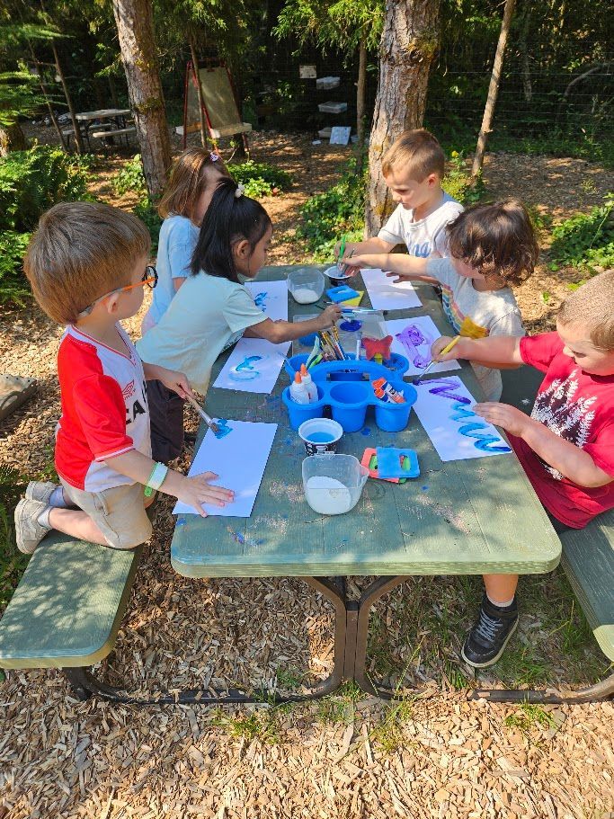 Children painting at an outdoor picnic table in a sunny park.