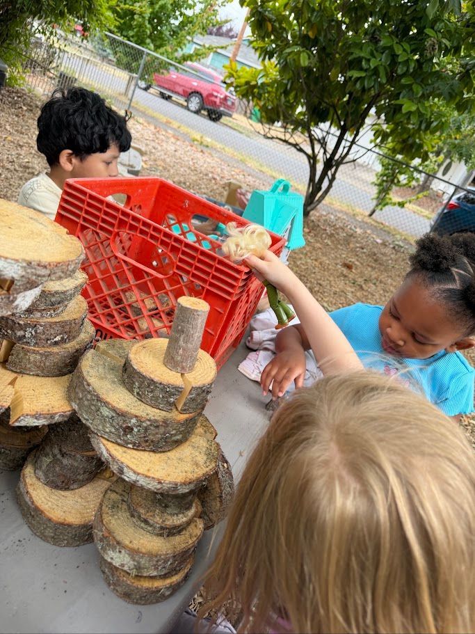 Children examining a stack of cut tree rounds outdoors beside a red crate and a small table