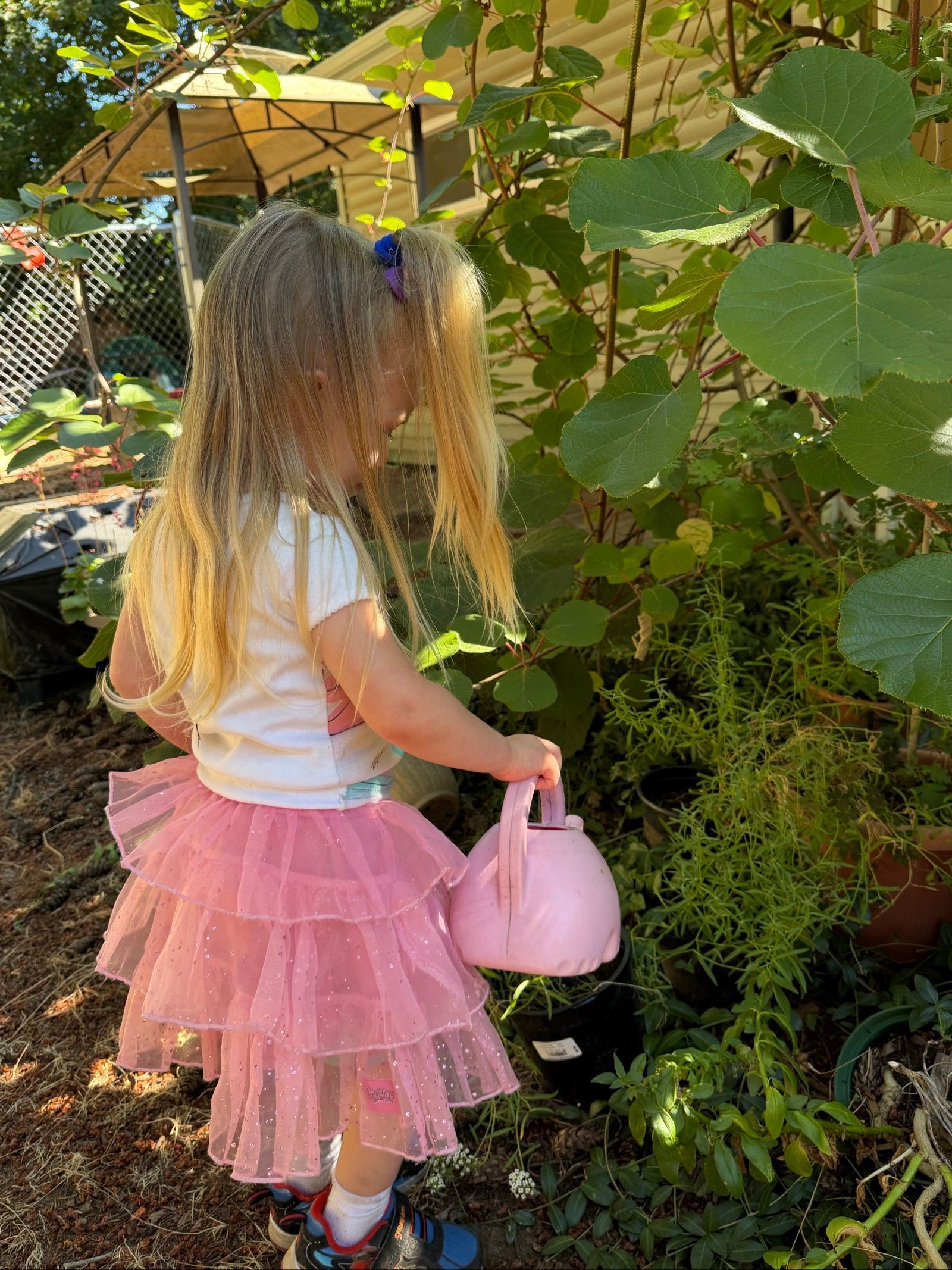 Child in a pink ruffled skirt holding a pink purse, standing in a leafy garden path.