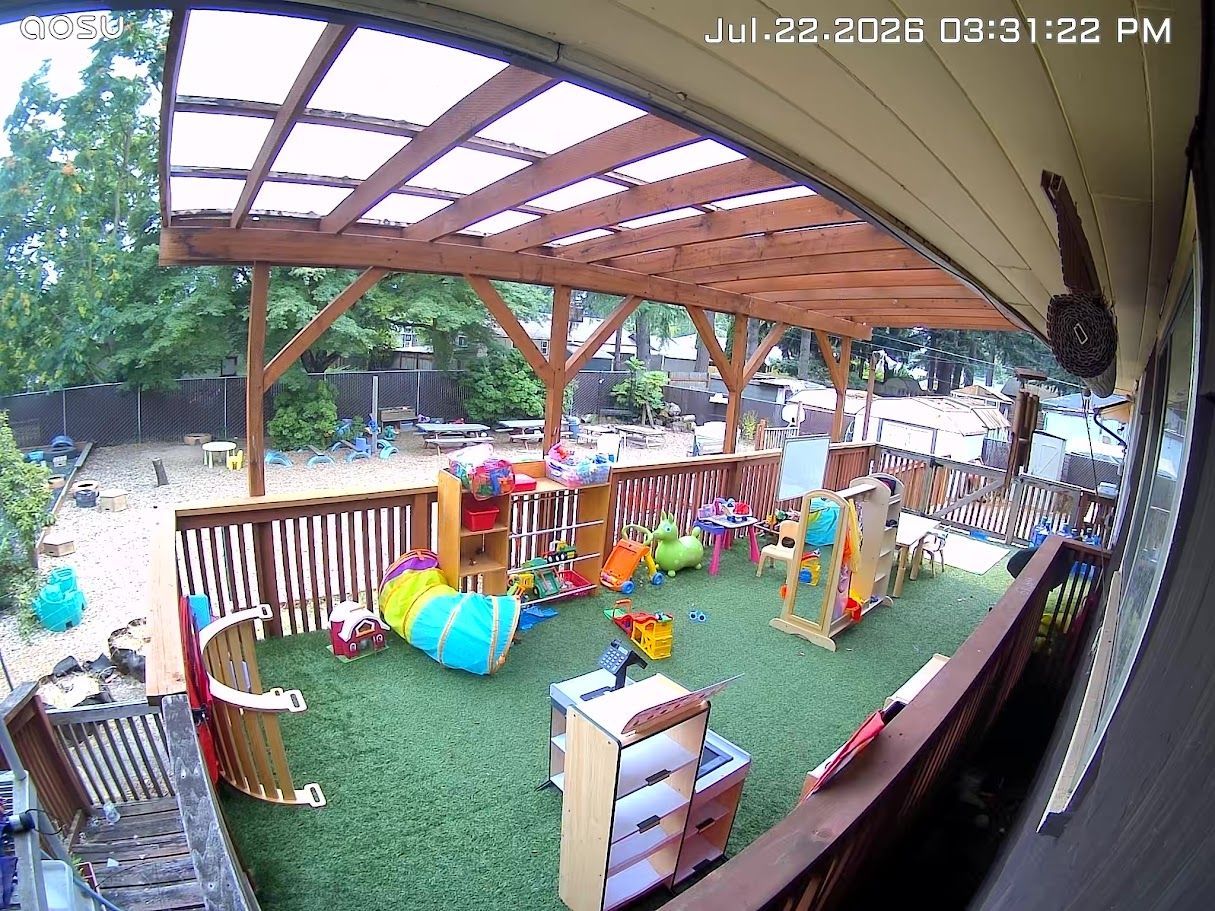 Patio play area with colorful toys, artificial grass, and a wooden pergola overlooking a yard