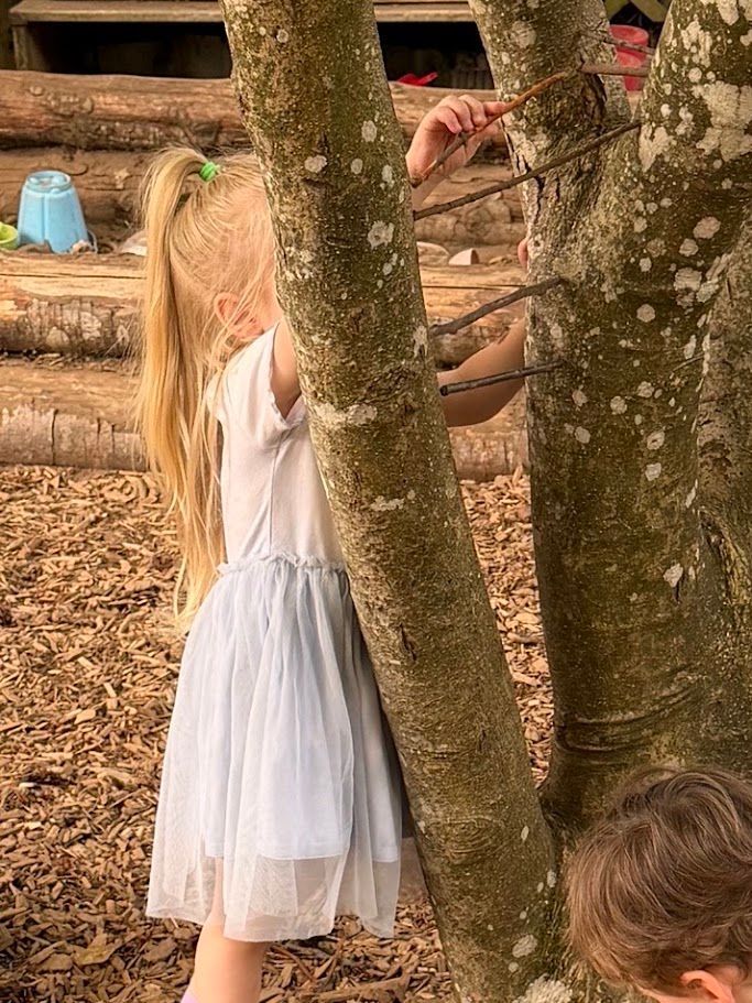Child in a white dress standing by a tree in a wooded area.