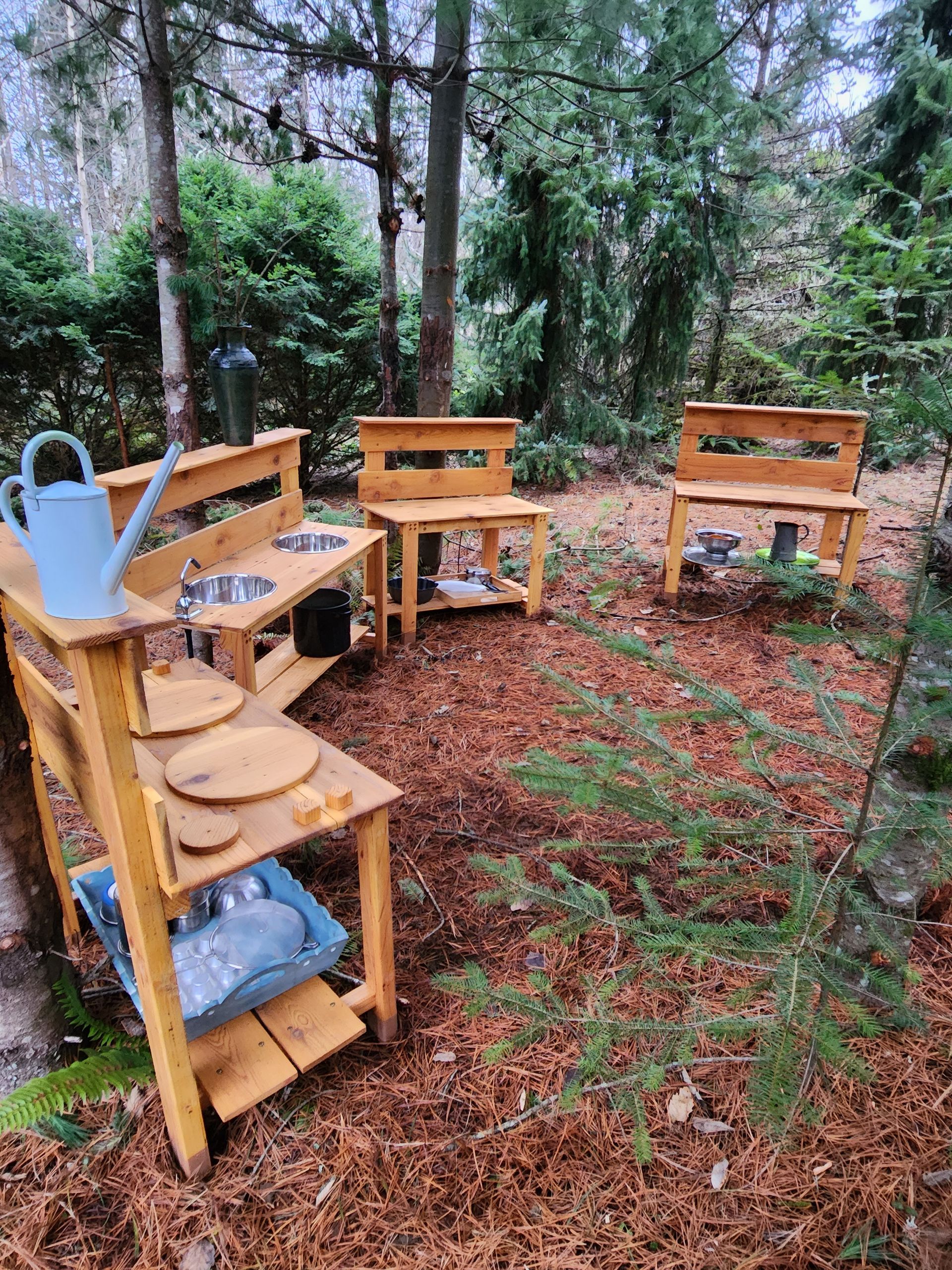 Wooden outdoor play kitchen set and tables in a pine forest clearing