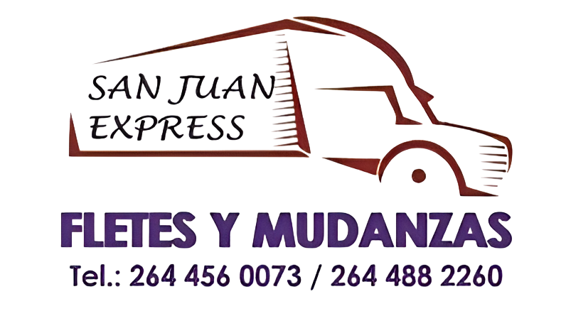 Logotipo de San Juan Express con la inscripción “Fletes y Mudanzas” y los números de teléfono 264 456 0073 / 264 488 2260