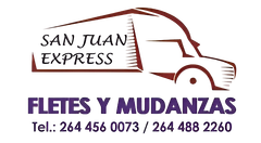 Logotipo de San Juan Express con la inscripción “Fletes y Mudanzas” y los números de teléfono 264 456 0073 / 264 488 2260