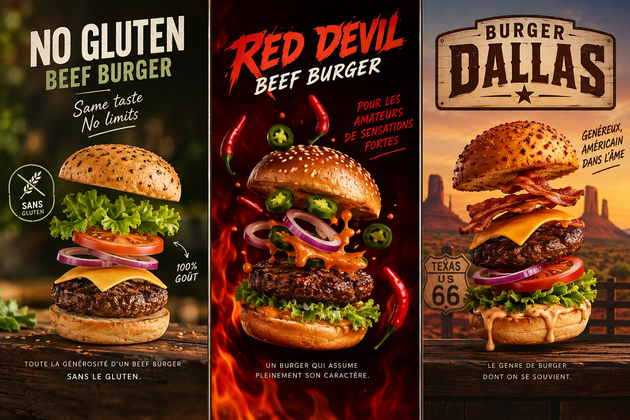 Publicité pour un hamburger avec livraison Uber Eats, fond orange, étiquette « Nouveau » et cheeseburger empilé.