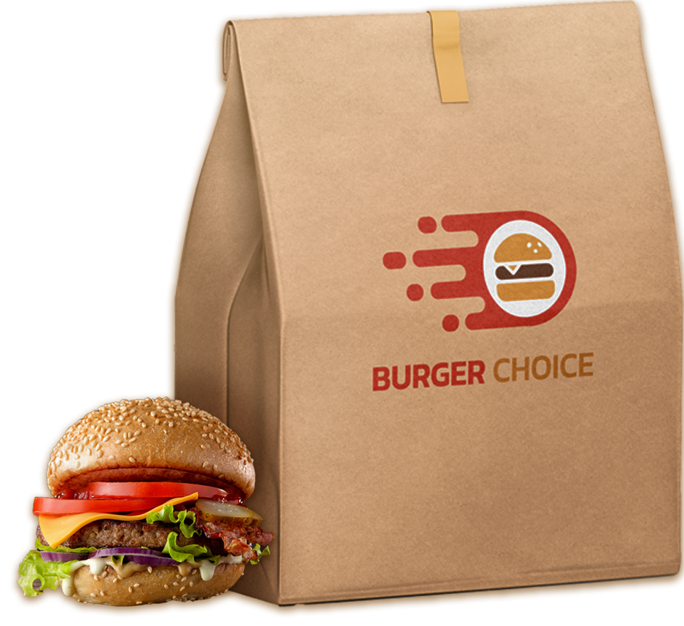 Sac à emporter Burger Choice à côté d'un hamburger Burger Choice Uccle