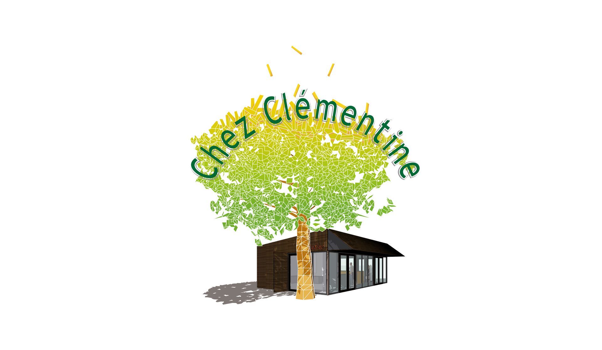 Logo pour Chez Clémentine avec un arbre vert et un petit bâtiment marron sur fond blanc
