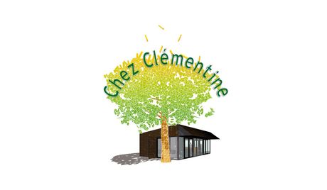 Logo pour Chez Clémentine avec un arbre vert et un petit bâtiment marron sur fond blanc