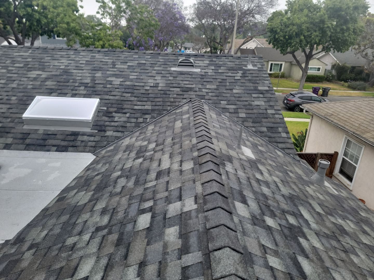 View of a dark gray shingle roof with a skylight and trees in the background