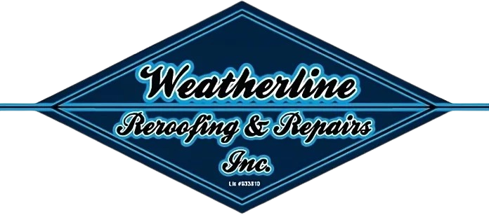 Weatherline Roofing & Repairs Inc. blue diamond logo with white script text