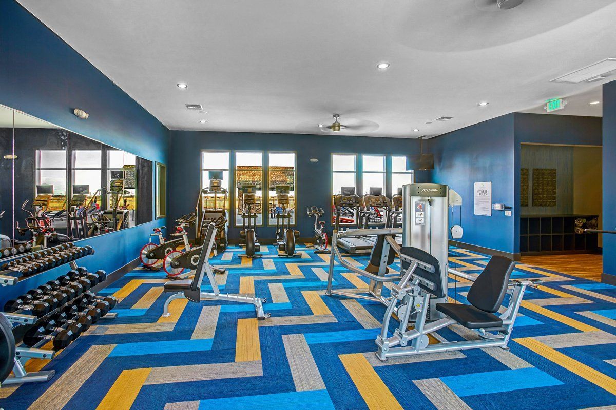 Gym interior with blue walls, patterned carpet, and exercise equipment.