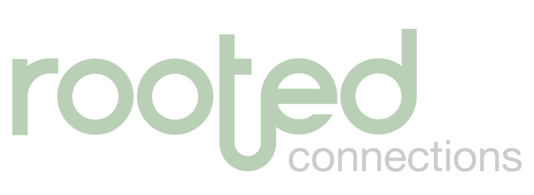 The rooted connections logo is green and white on a white background.