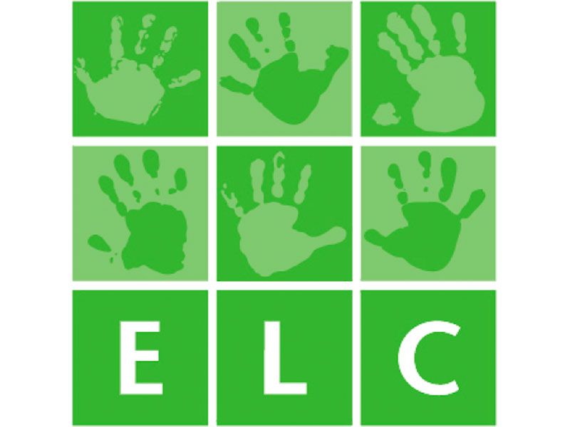 A logo for elc with green squares with handprints on them.