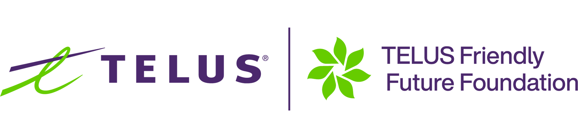 The telus friendly future foundation logo is purple and green.