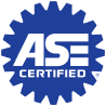 Blue, gear-shaped ASE Certified logo with white text. | TX Auto Service