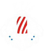 A red white and blue logo with stars on a white background