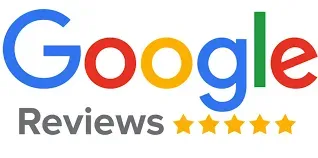 Logo Google Reviews avec texte Google multicolore et cinq étoiles dorées