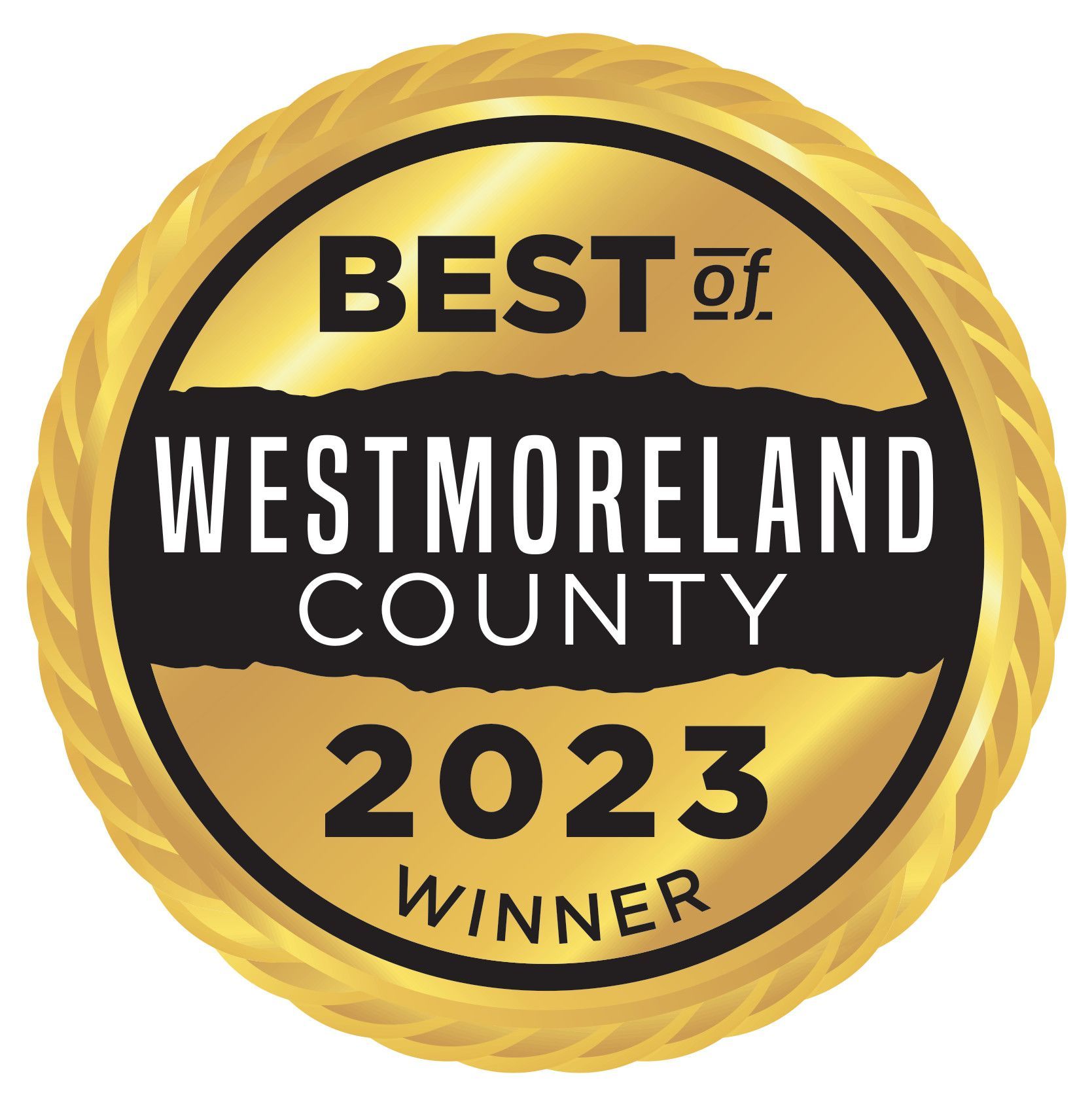 Gold circular “Best of Westmoreland County 2023 Winner” award badge