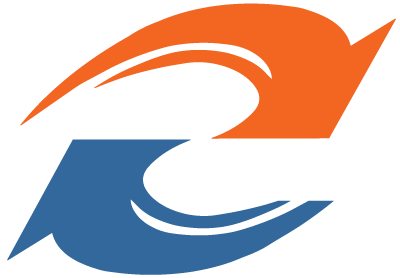 A stylized logo featuring two curved, arrow-like shapes in orange and blue, pointing in opposite directions to form a cycle.