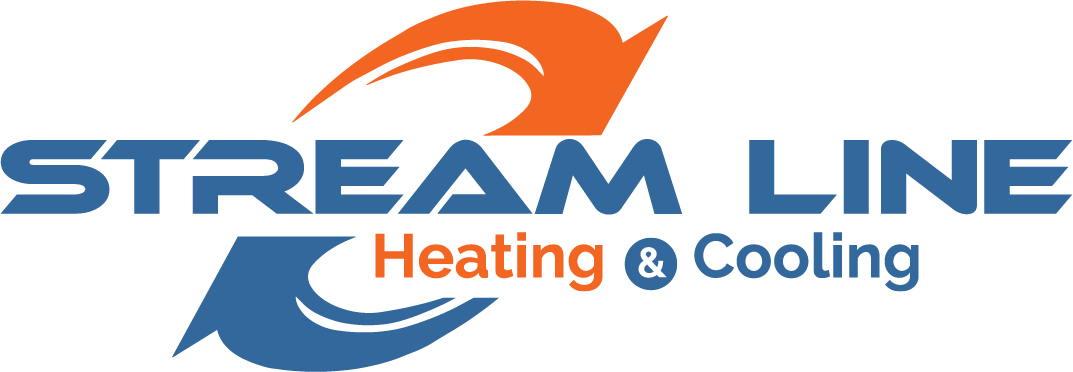Logo for Stream Line Heating & Cooling featuring blue text with an orange and blue swoosh symbol.