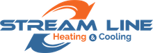Logo for Stream Line Heating & Cooling featuring blue text with an orange and blue swoosh symbol.