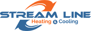 Logo for Stream Line Heating & Cooling featuring blue text with an orange and blue swoosh symbol.