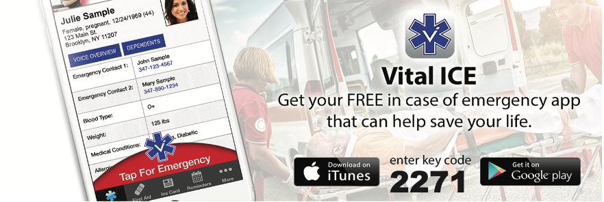 Vital ICE emergency app ad with smartphone, blue logo, and App Store/Google Play download badges