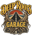 Deep Roots Garage logo with a road framed by tree roots in gold, brown, and black