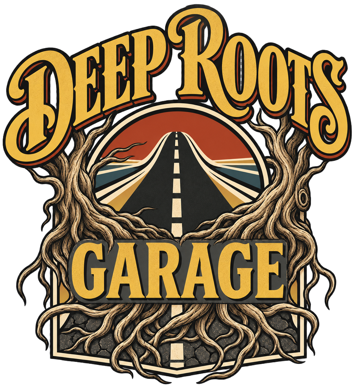 Deep Roots Garage logo with a road framed by tree roots in gold, brown, and black