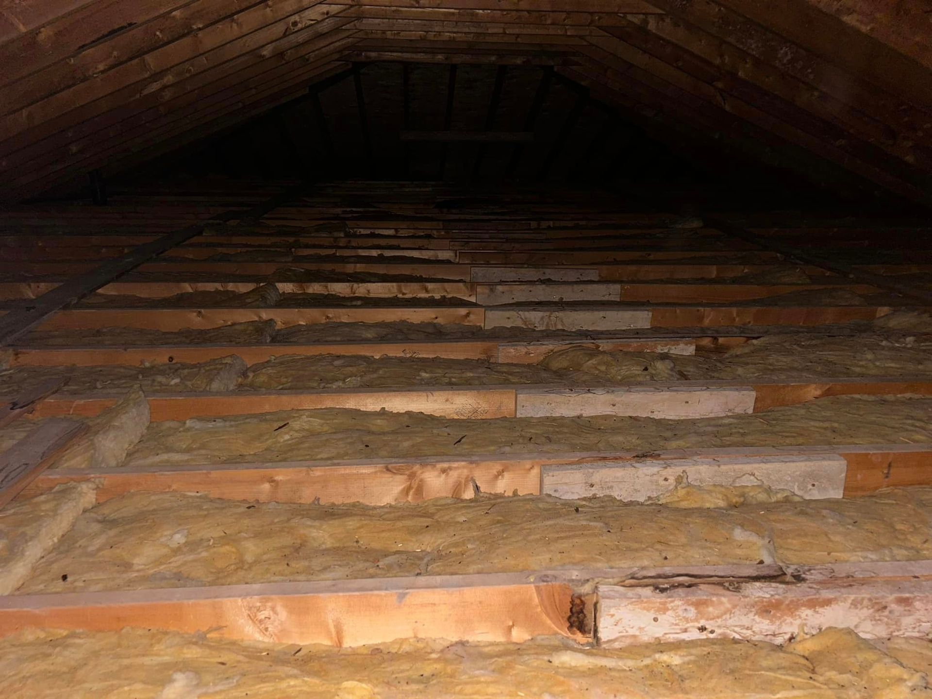 View of an attic with wood beams and insulation; dim lighting.