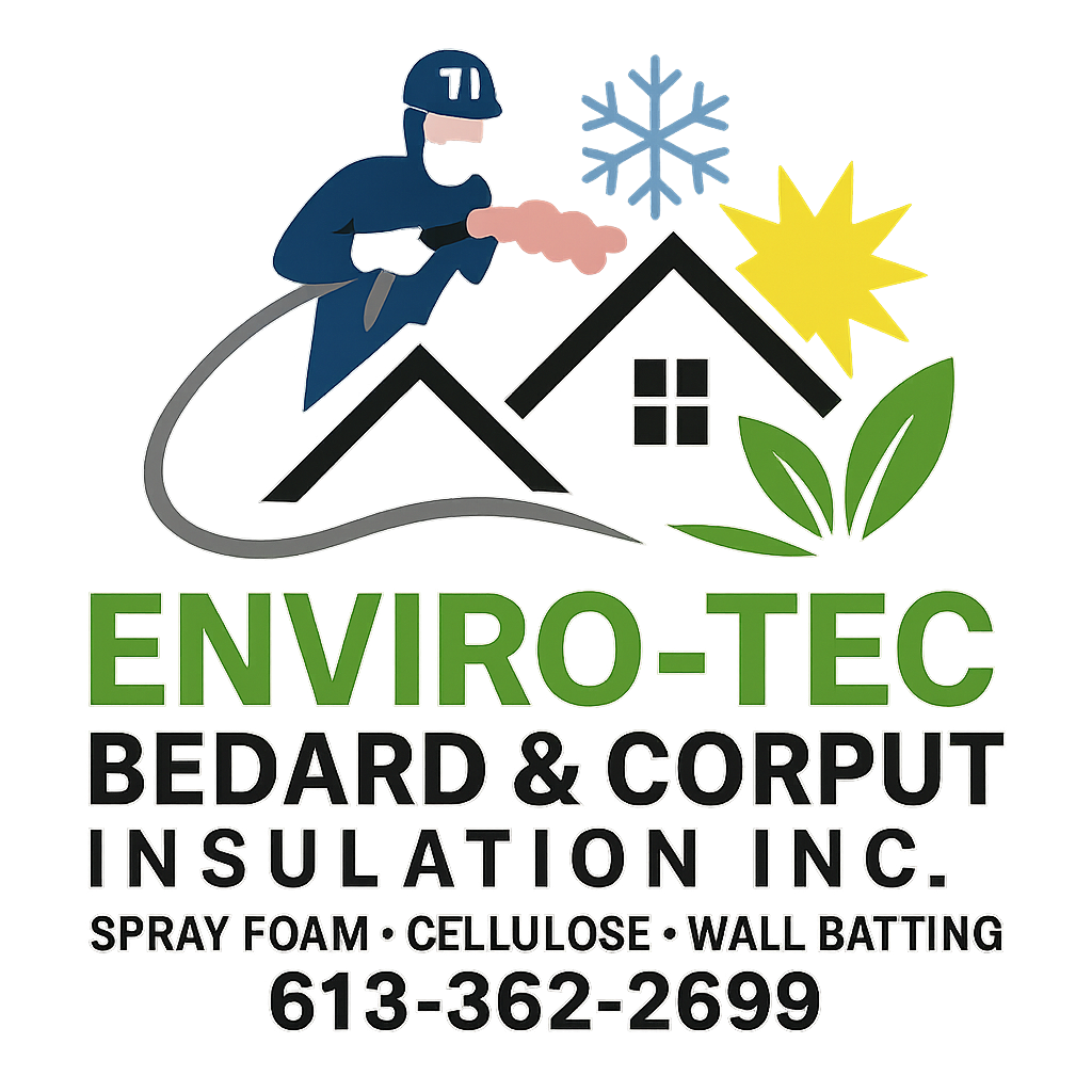 Logo: Man spraying insulation on house, with snowflakes, sun, and leaves. Company name