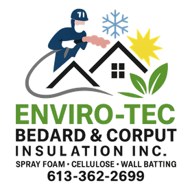 Logo for Enviro-Tec Insulation, with a worker spraying foam on a house, and contact info.