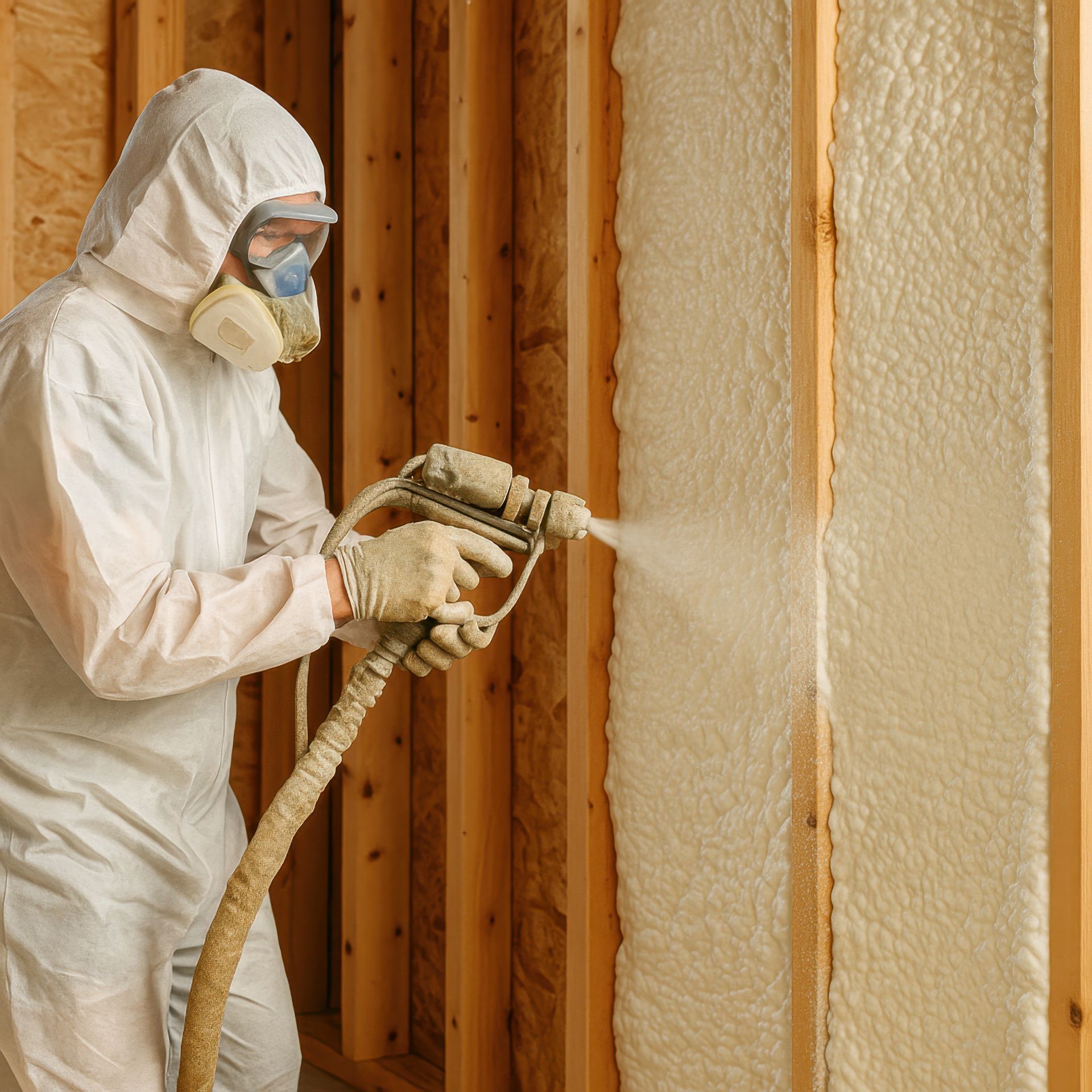 Man in protective suit spraying foam insulation onto wall studs.