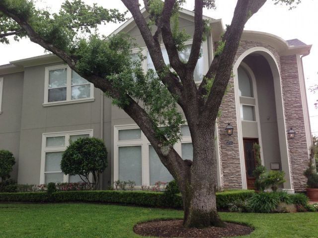 Suburban house with beige siding, brick entry, and large tree in the front yard