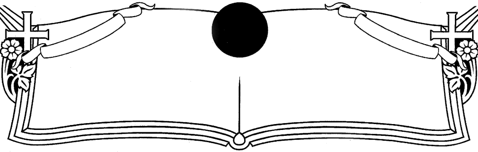 A black and white drawing of an open book with a cross and a circle in the middle.