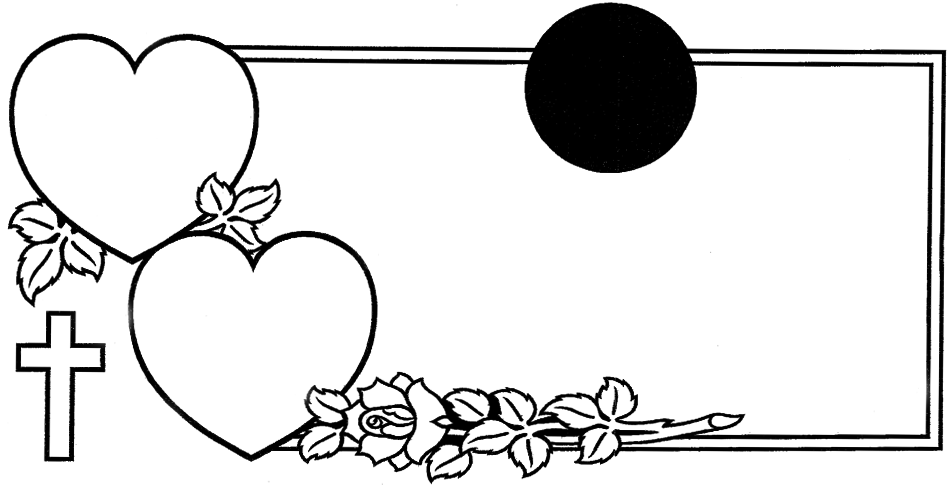 A black and white drawing of two hearts , a cross , and flowers.