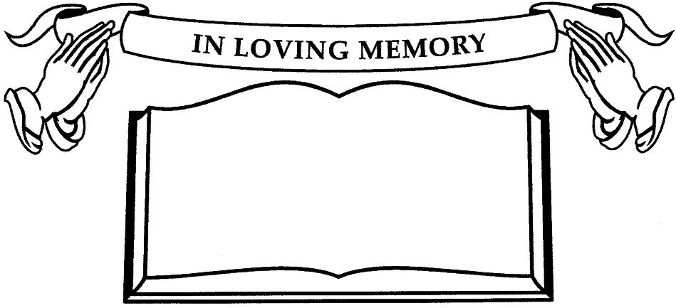 A black and white drawing of a bible with a banner that says `` in loving memory ''.