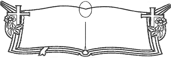 A black and white drawing of an open book with crosses and flowers.